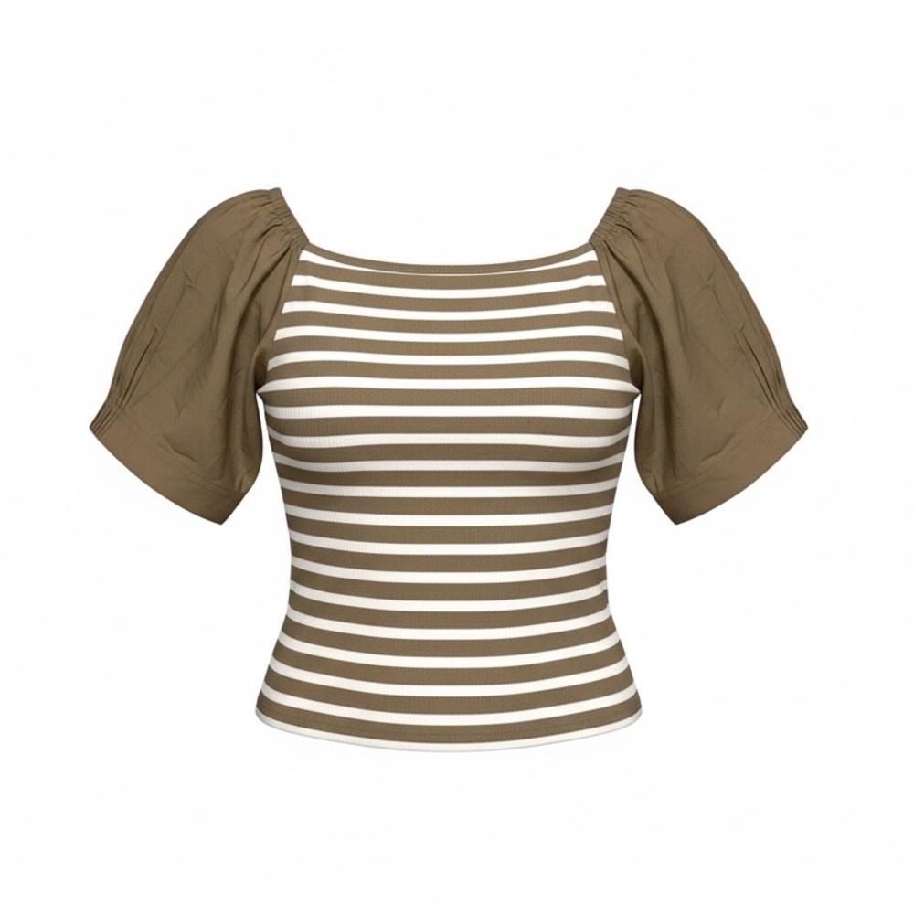 NWT J.Crew Mariner Cloth Striped Puff Sleeve Top Khaki Tan 2X